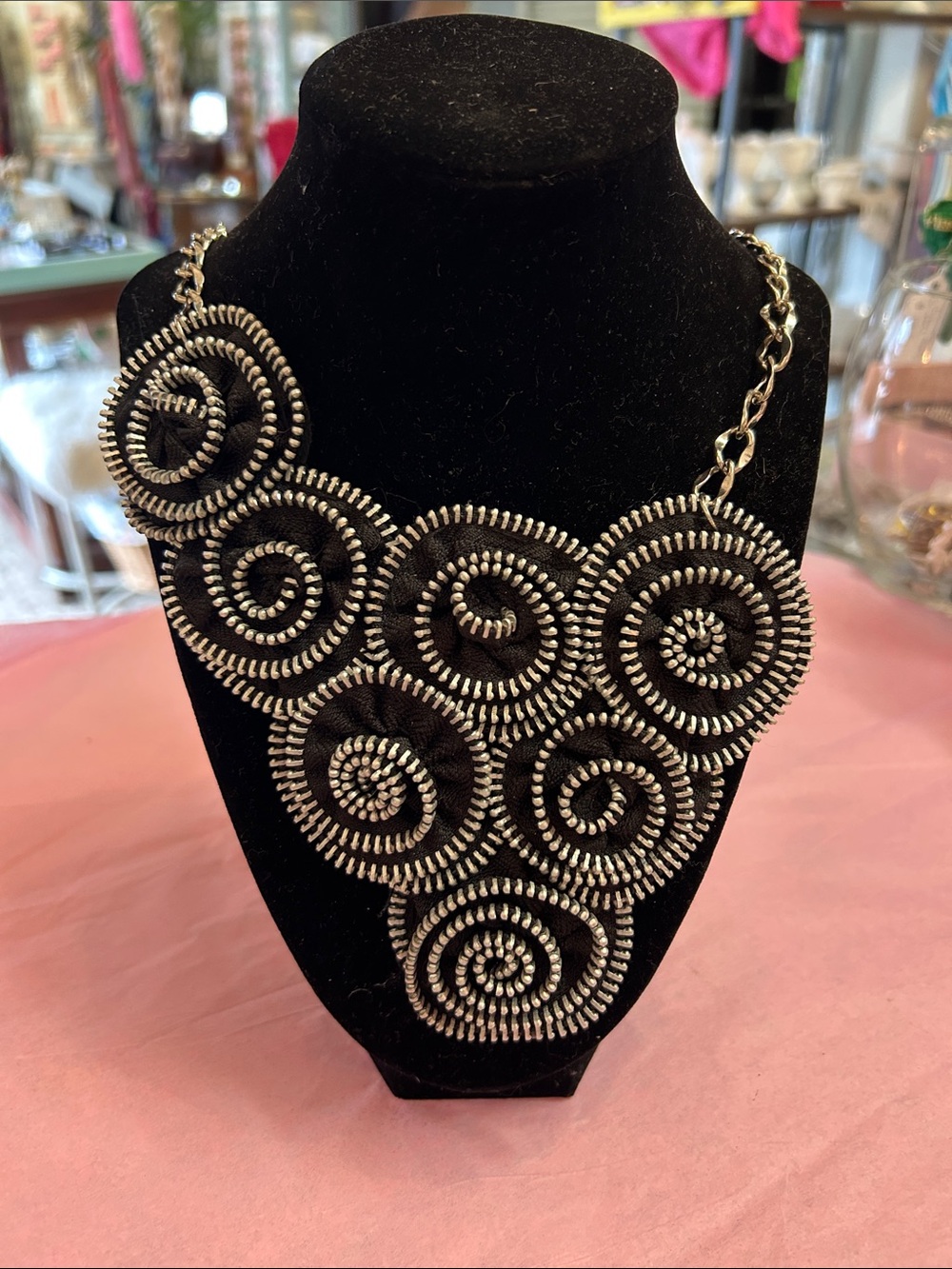Adia Kibur Black and Silver Spiral Zip-Trim Statement Necklace